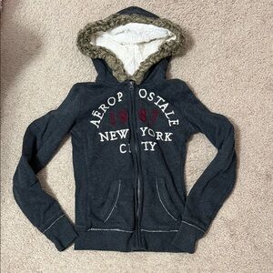 Vintage y2k Aeropostale Charcoal Hoodie with Cream Fur Hood